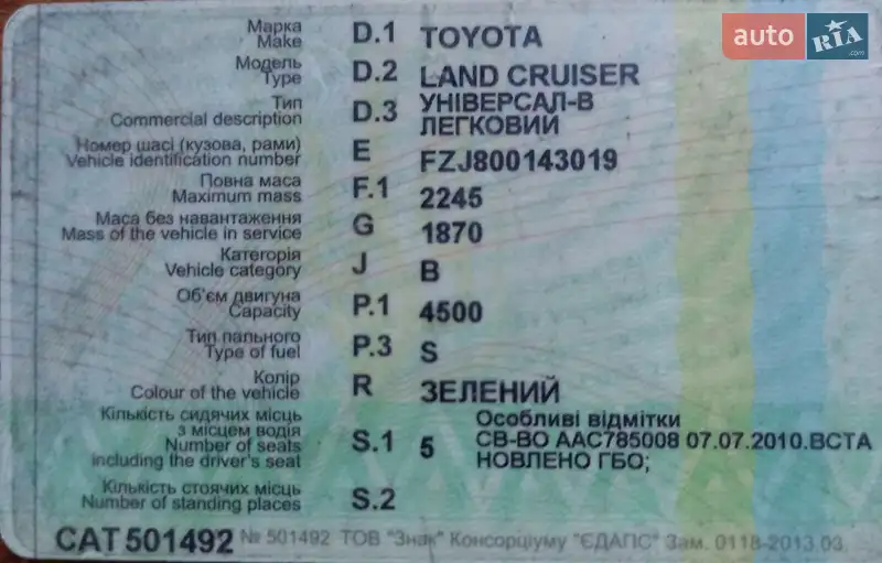 Внедорожник / Кроссовер Toyota Land Cruiser 1996 в Киеве документ