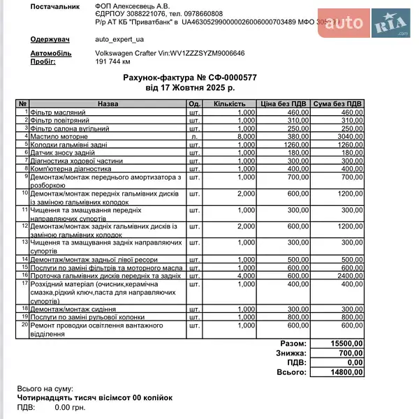 Вантажний фургон Volkswagen Crafter 2020 в Києві документ