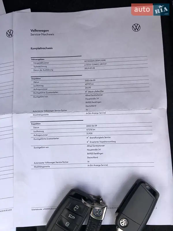 Хетчбек Volkswagen e-Golf 2019 в Камені-Каширському документ