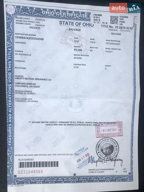 Седан Volkswagen Passat 2018 в Костополе документ 2 фото Седан Volkswagen Passat 2018 в Костополе документ