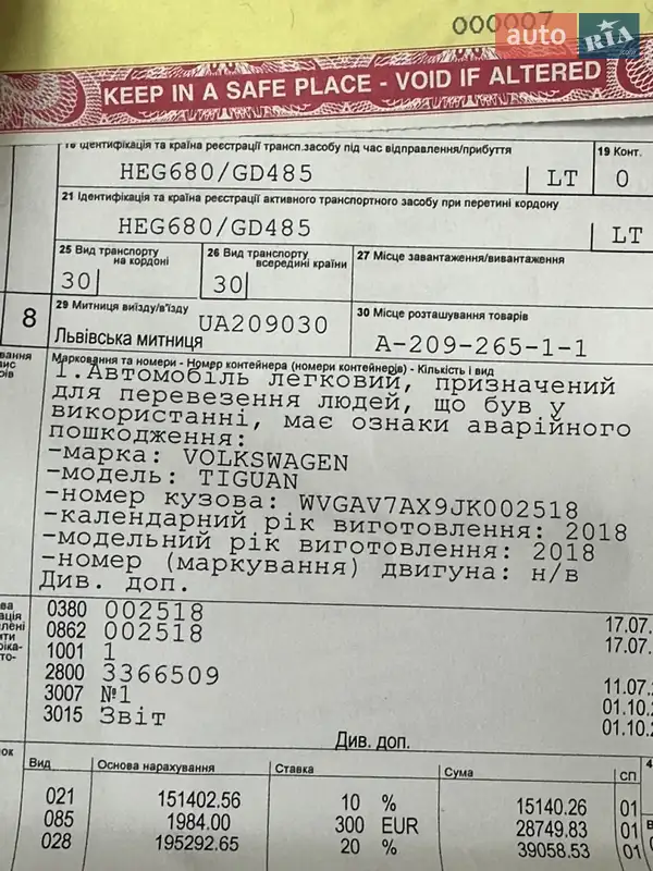 Позашляховик / Кросовер Volkswagen Tiguan 2018 в Дрогобичі документ
