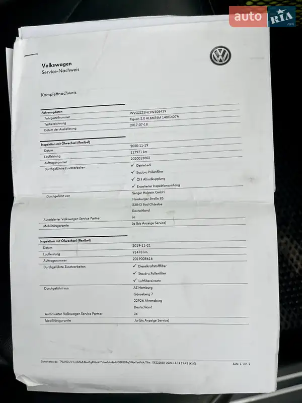 Внедорожник / Кроссовер Volkswagen Tiguan 2017 в Млинове документ